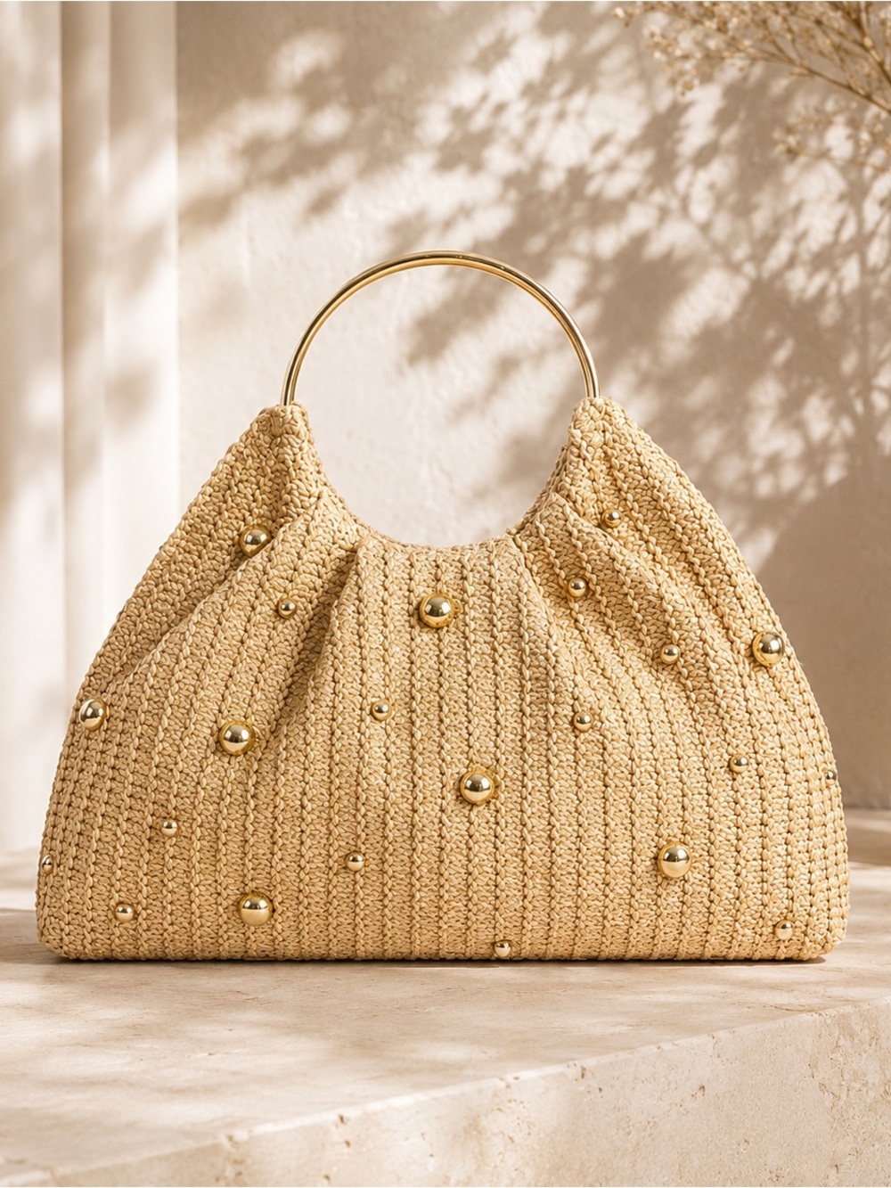 Elegant Woven Gold Stud Shoulder Bag | SMB001